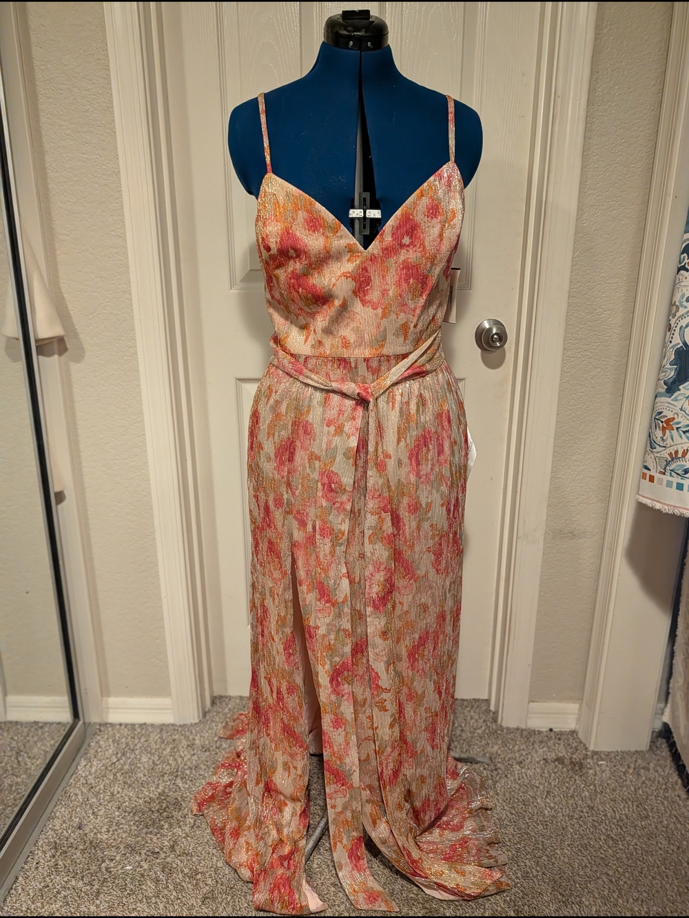 Dress The Population Floral Dress with Waist Tie - Pink & Gold